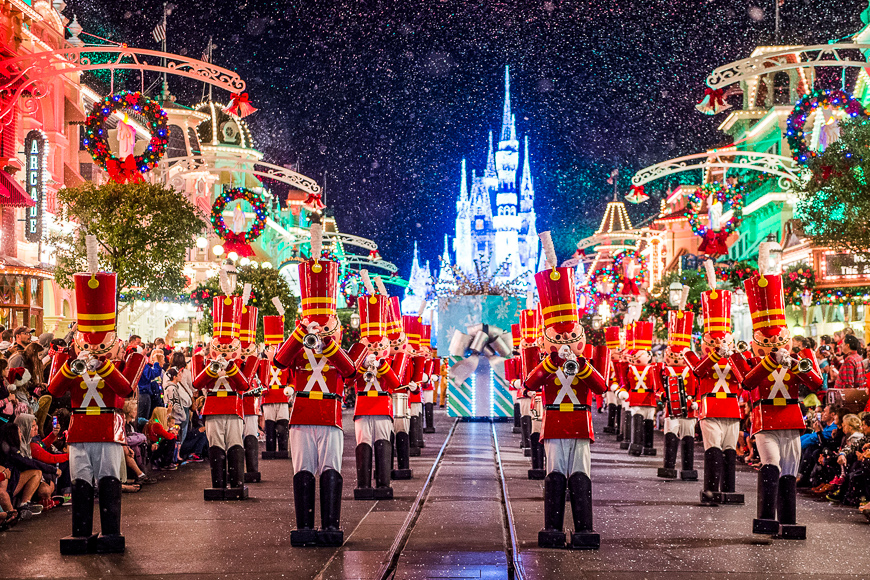 Toy soldiers parade down main street, u.s.a., at magic kingdom during “mickey’s once upon a christmastime parade.” 