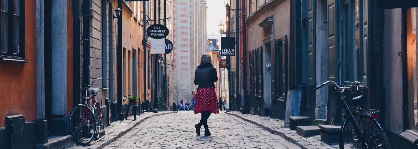 traveler on street in sweden.