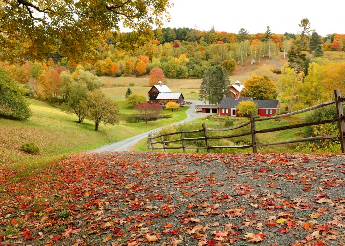 vermont scene with barn roads and fall foliage