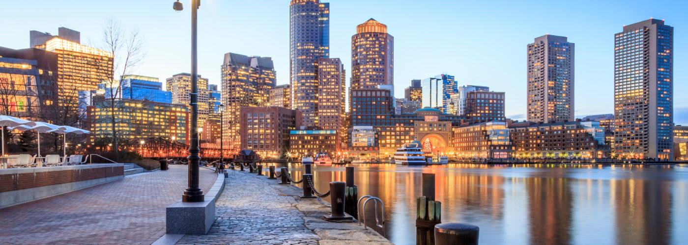 Boston Harbor and skyline of the Financial District in Boston, Massachusetts
