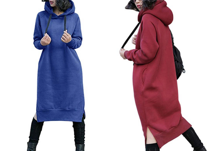 Person modeling two colors of the Fleece Sweatshirt Hoodie Dress