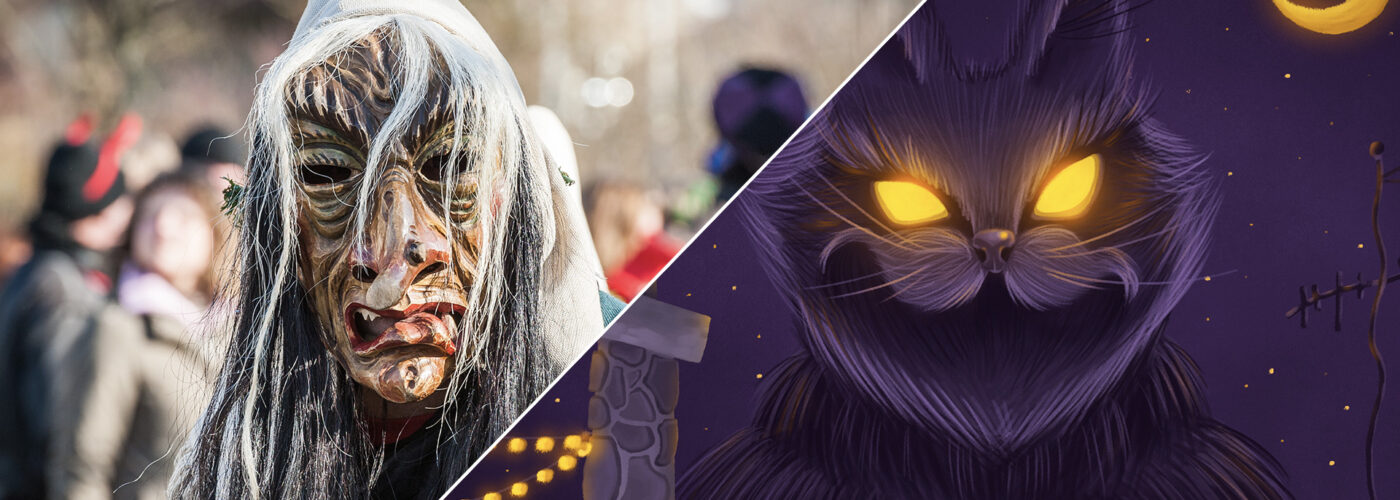 Perchta, a holiday with from German and Austrian folklore (left) and the Yule Cat, a large cat that arrives during Christmastime in Icelandic folklore (right)