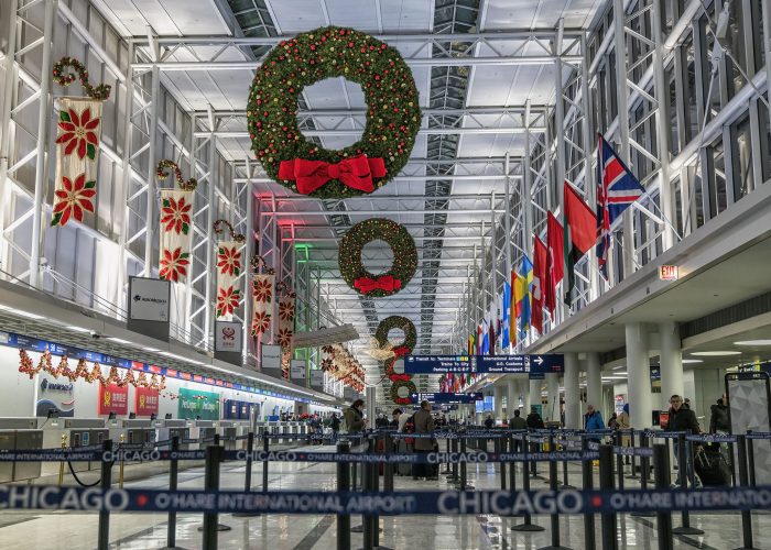 airport decorated for the holidays