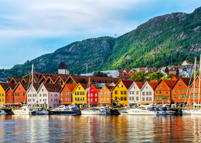 View of historical buildings on a wharf in Bergen, Norway
