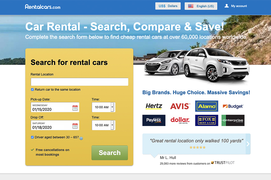 rentalcars.com screenshot.