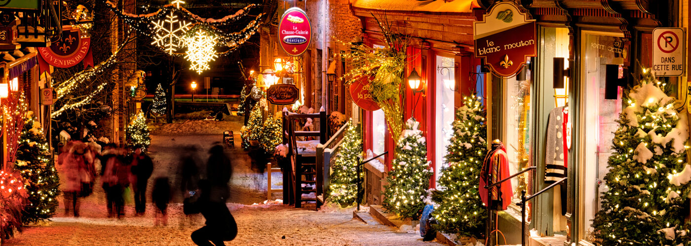 quebec city at night with holiday decorations.