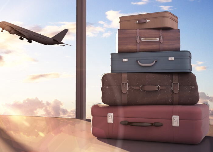suitcases with plane in background