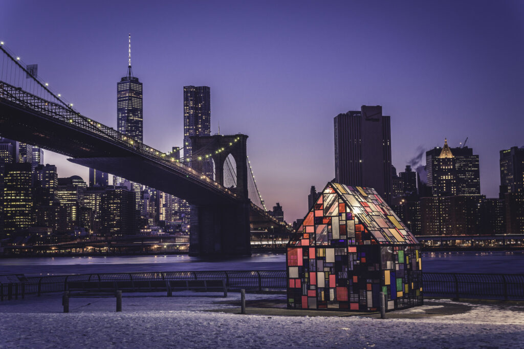 nyc skyline view in winter with bridge