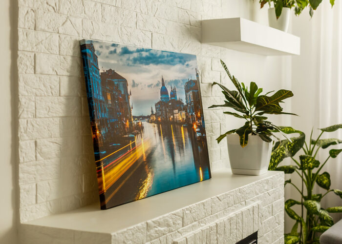 Modern lliving room interior with venice, italy, canvas on the wall