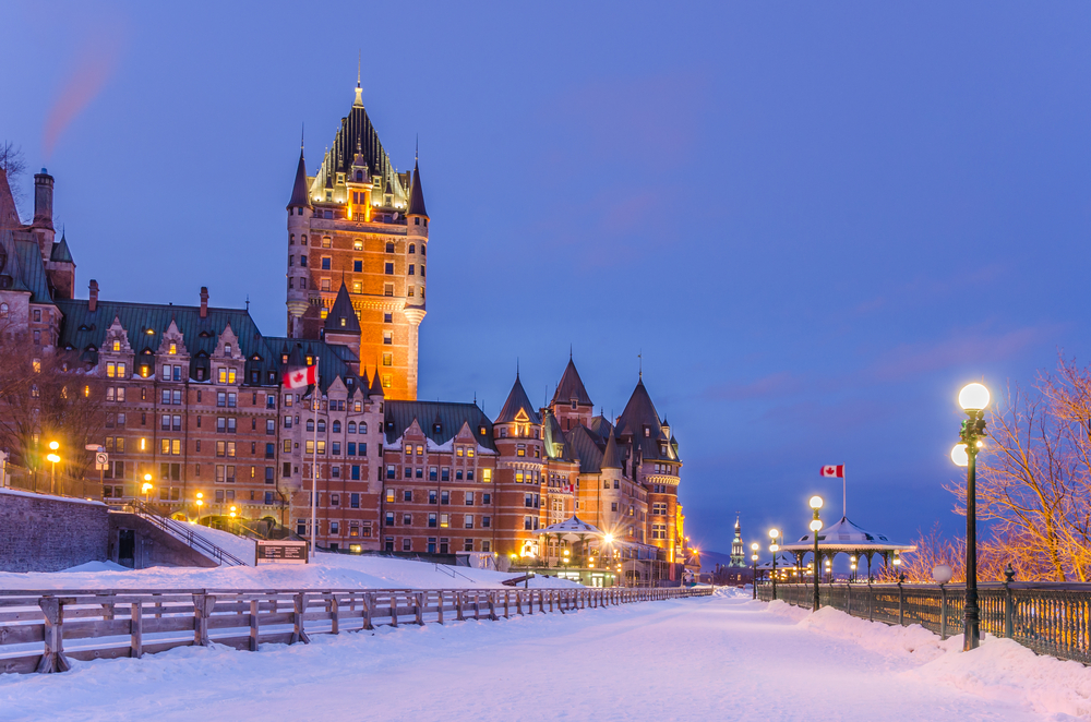 quebec city iconic hotel with snow