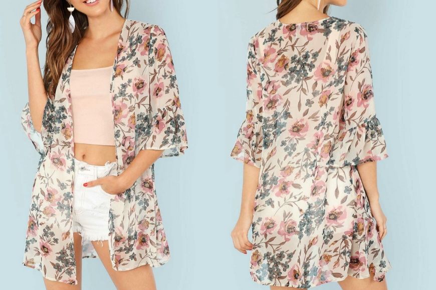 SHEIN Flounce Sleeve Floral Kimono.