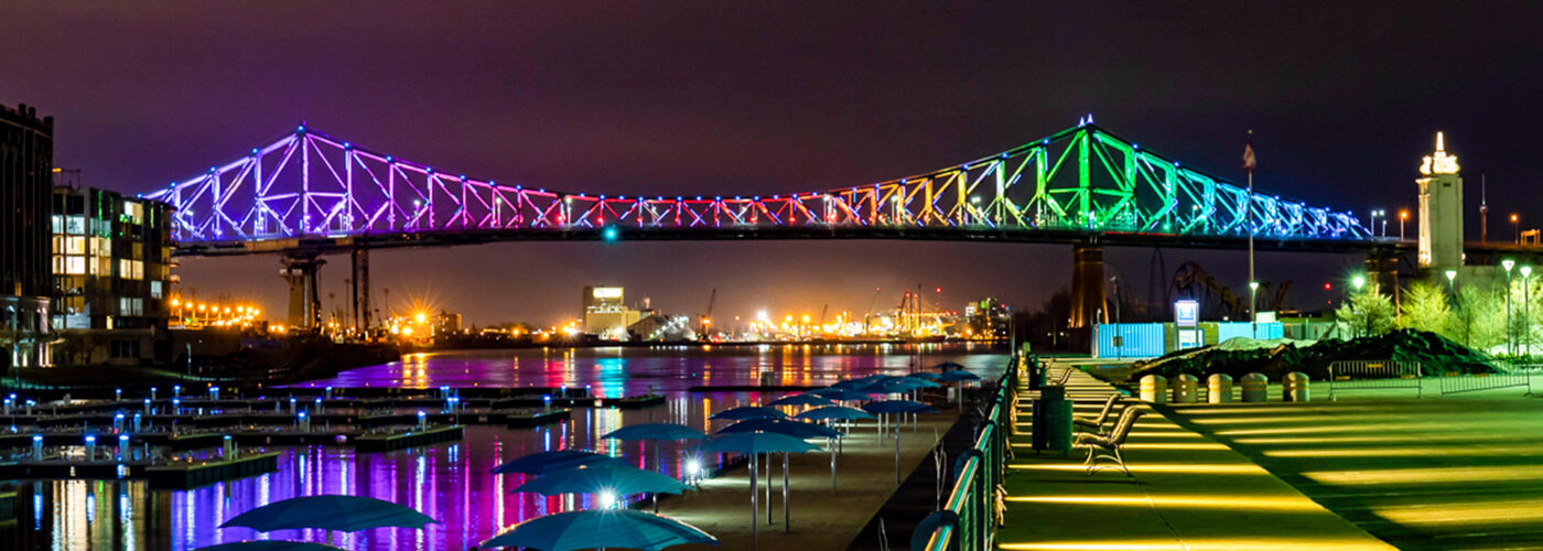 montreal rainbow bridges lit up
