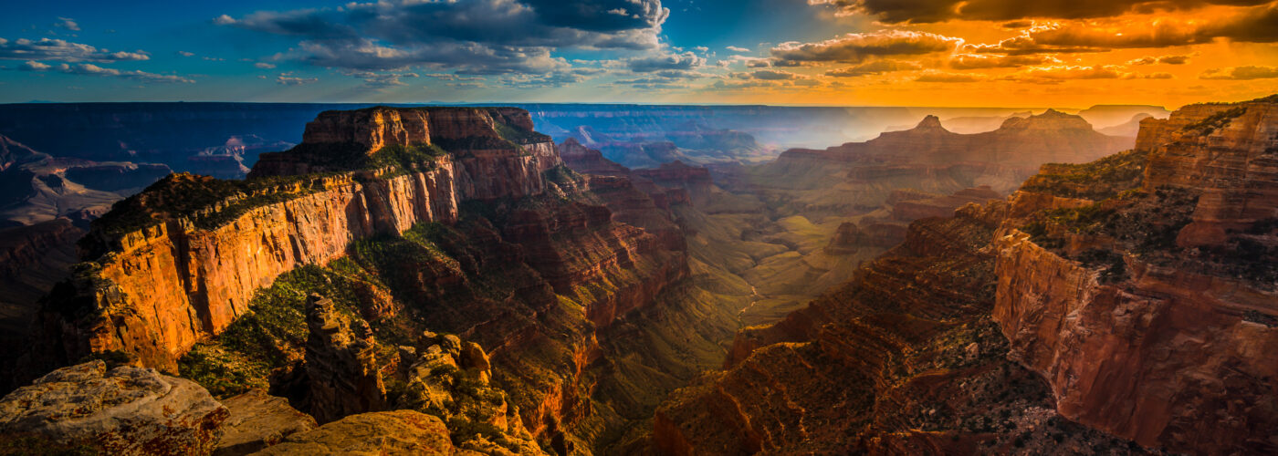 View from a North Rim lookout at the Grand Canyon during sunset