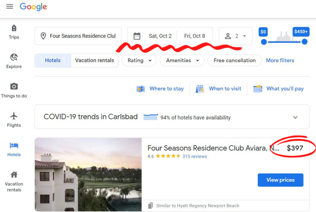 Google hotels comparison for four seasons