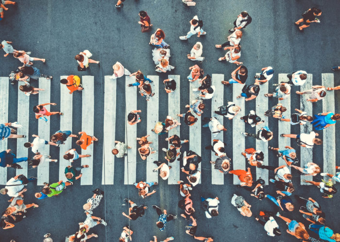 Aerial view of a busy crosswalk
