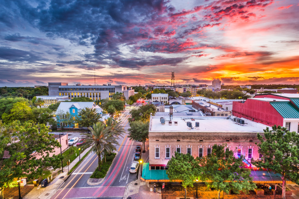 Streets of Gainesville, Florida at sunset