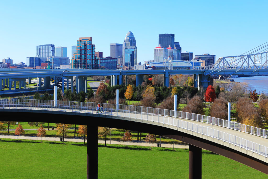 Pedestrian walkway against the skyline of Louisville, Kentucky