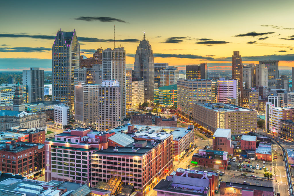 Aerial view of the skyline of Detroit, Michigan at dusk