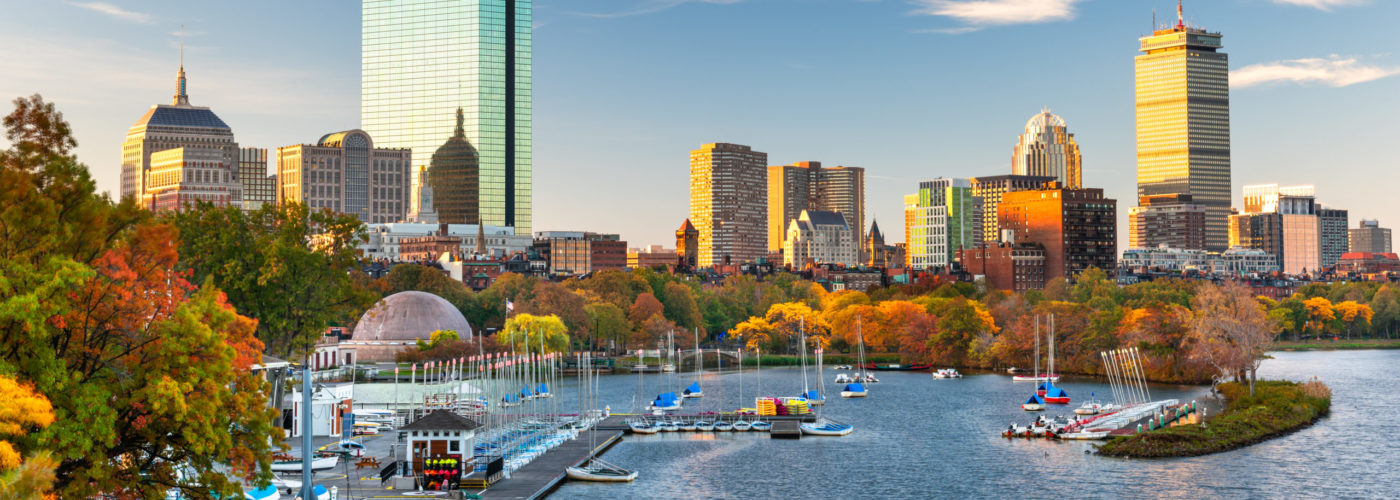 Boston skyline and fall foliage along the Charles River