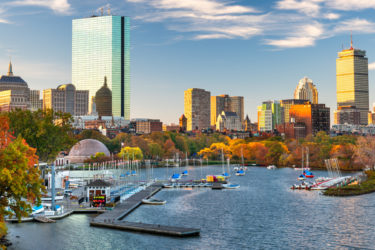 Boston skyline and fall foliage along the Charles River