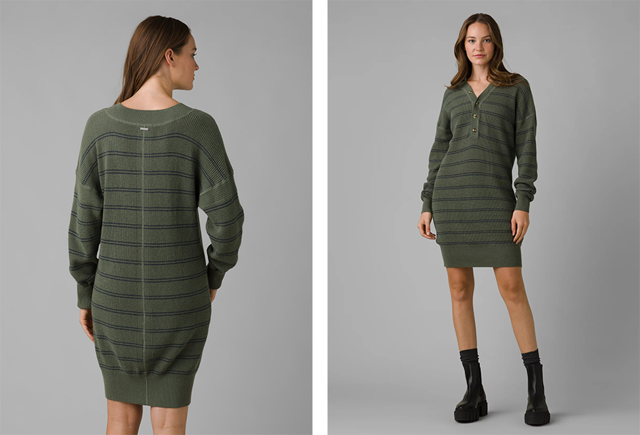 Woman modeling the front and back of the prAna Milani Henley Dress in forest green