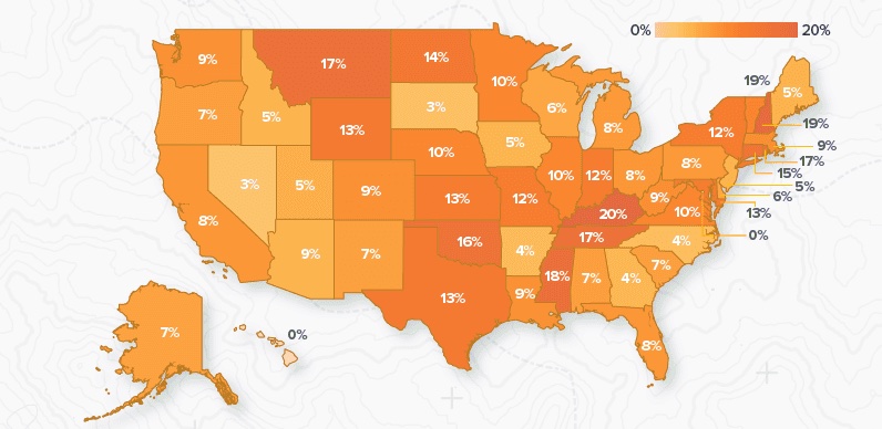 Map of the states with the worst hiking trails according to FitRated