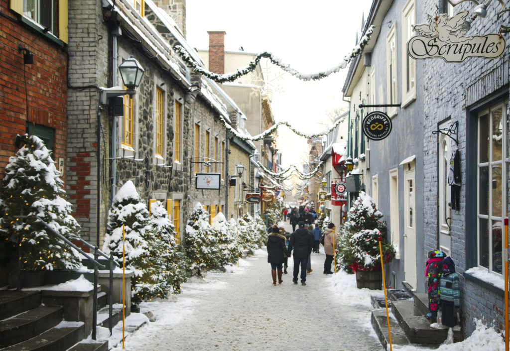 Québec City, Canada street decorated for Christmas