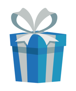 gift wrapped in blue wrapping paper with a silver ribbon