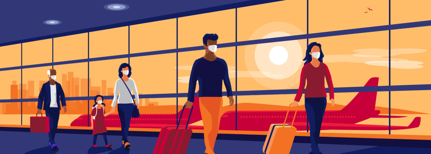 Illustration of people in airport wearing face masks