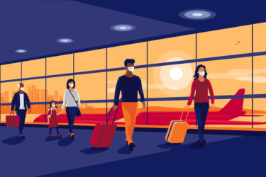 Illustration of people in airport wearing face masks