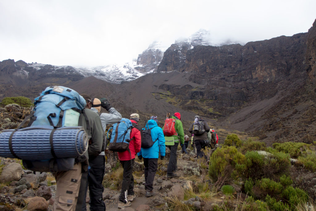 Group of people walking a path on Mount Kilimanjaro on the Machame Route