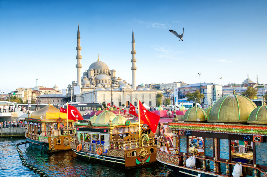 Colorful boats in the water in Istanbul, Turkey