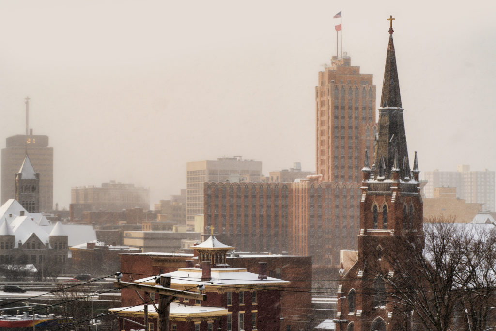 Snowy skyline of Syracruse, New York
