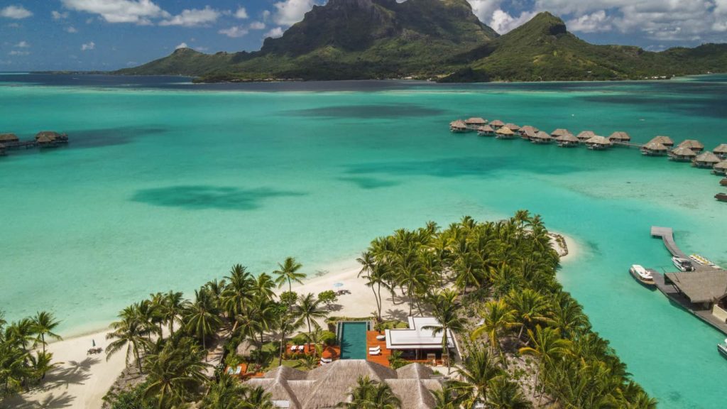 Aerial view of the overwater bungalows at the Four Seasons Resort Bora Bora