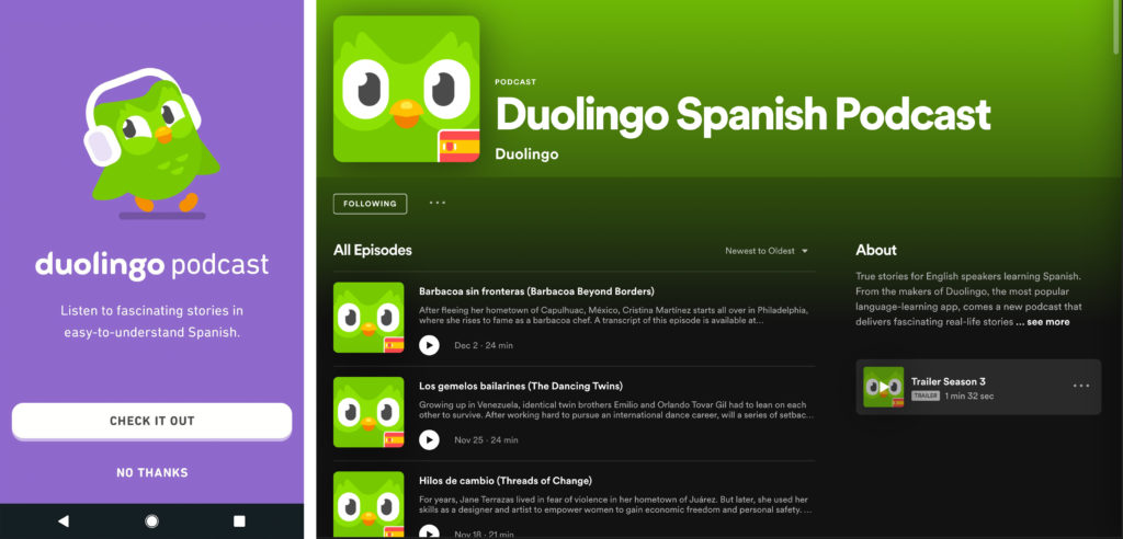 Screenshot of prompt in Duolingo app asking user to check out the Duolingo podcasts next to screenshot of Spotify music player showing a playlist of the Duolingo Spanish podcast