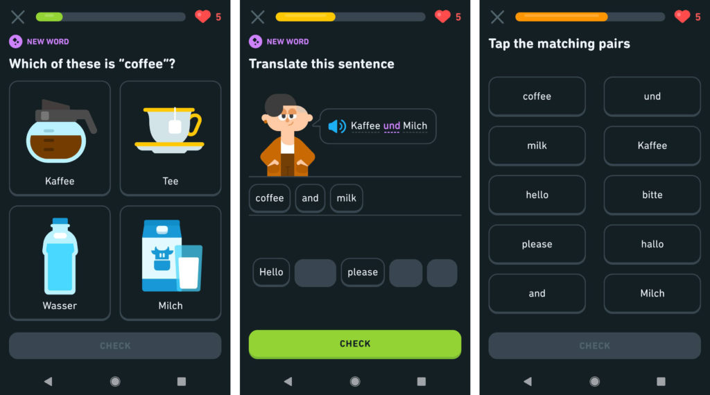 Screenshots of various lessons from the German language course on Duolingo