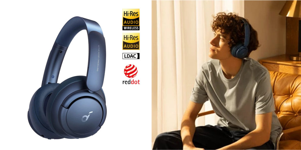 Side angle view and lifestyle photo of man wearing the Soundcore by Anker Life Q30 headphones