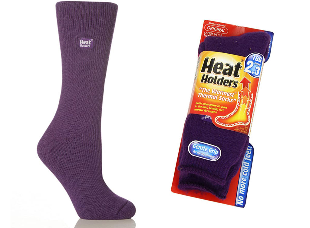 Heat Holders' Thermal Sock in purple (left) and the packaging of Heat Holders' Thermal Socks (right)