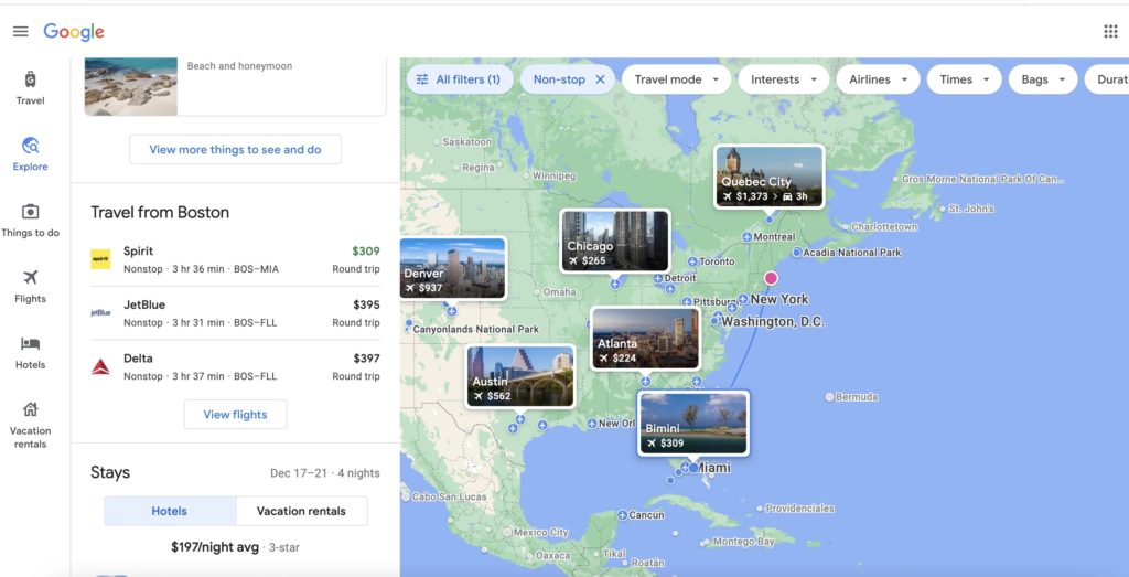 Screenshot of a search for nonstop flights from Boston to Bimini on Google Flights
