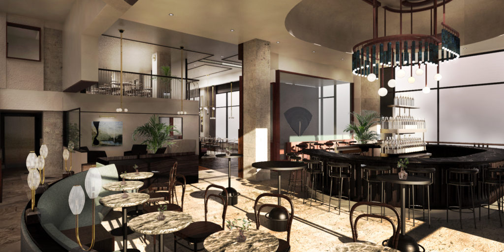 Rendering of the first floor lobby bar at the Thompson Denver