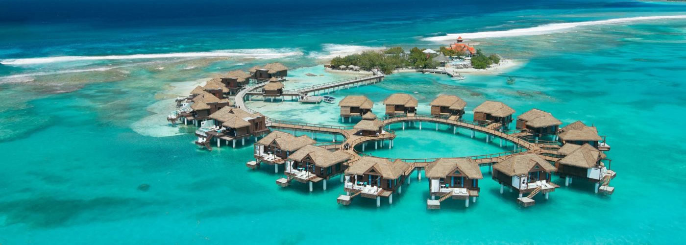 Aerial view of the overwater bungalows at Sandals Royal Caribbean Montego Bay, Jamaica