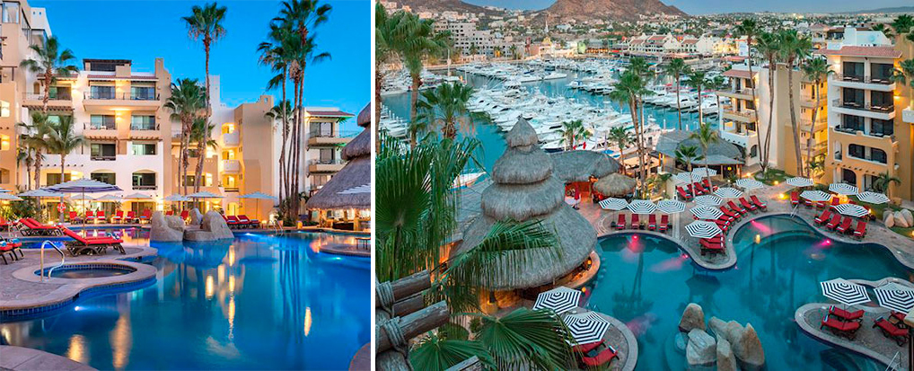 Two images of Marina Fiesta Resort & Spa, one of the pool and one aerial view of the pool and adjacent marina