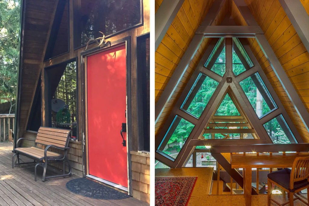Red front door of A-frame cabin (left) and an interior view looking out of large triangular windows (right)