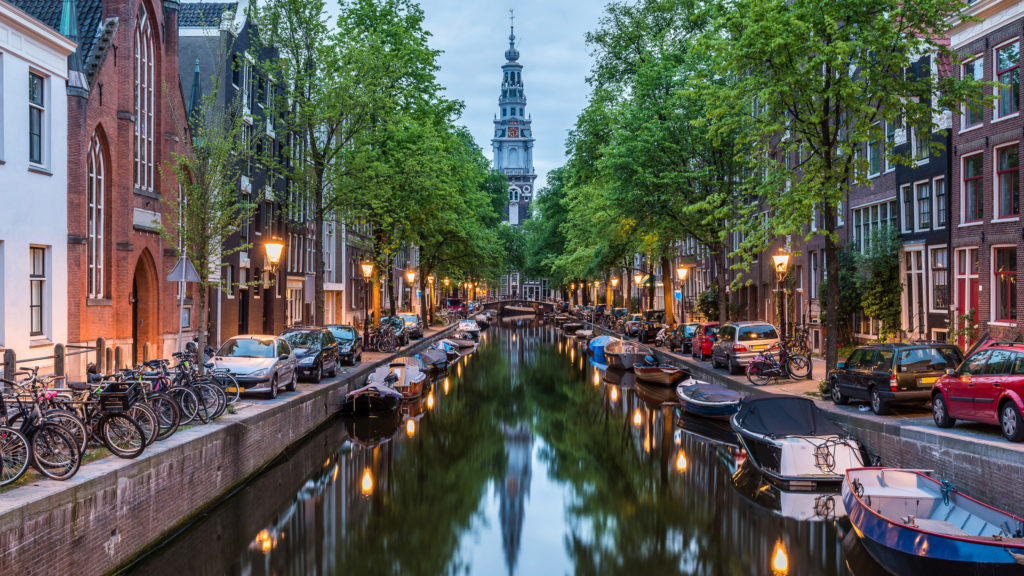 View looking down a canal in Amsterdam City