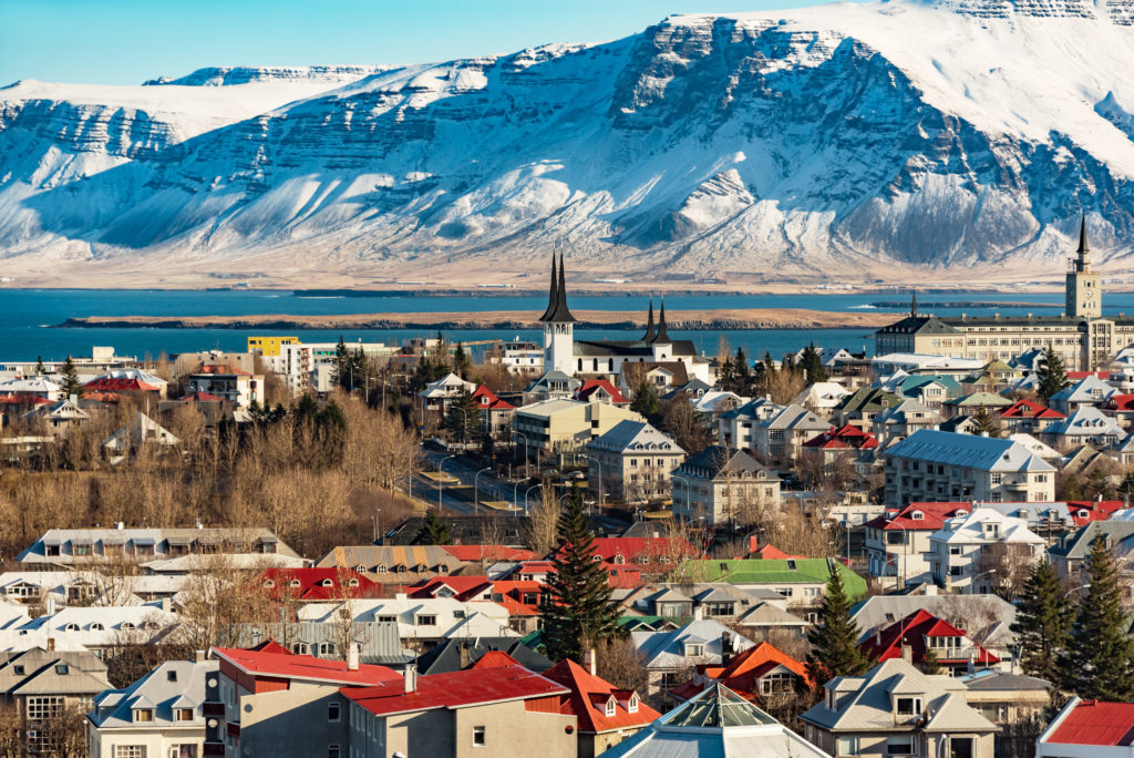 Aerial view of Reykjavik, Iceland with mountains in background