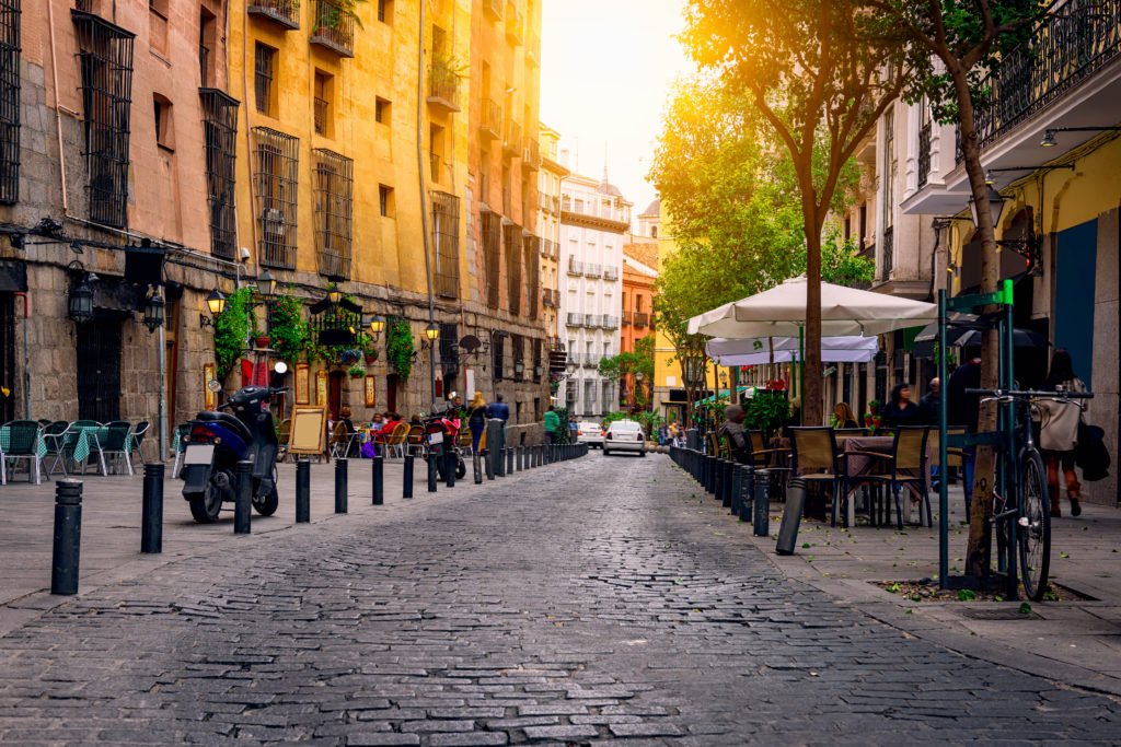 View down an old street in Madrid, Spain