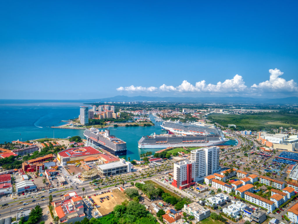 Aerial view of Puerto Vallarta, Mexico and bay with cruise ships