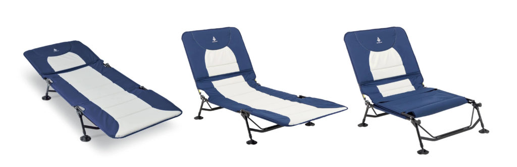 Three views of the Woods Portable 2-in-1 Camping Lounger/Cot, one as a cot, one as a lounger, and one as a standard camp chair
