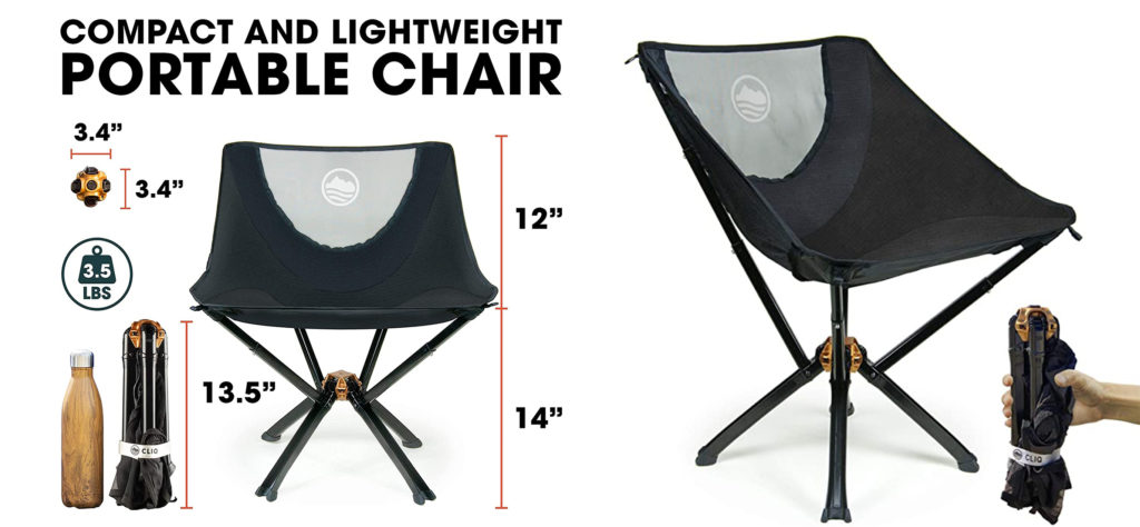 Two view of the CLIQ chair, a folding camping chair with tripod legs