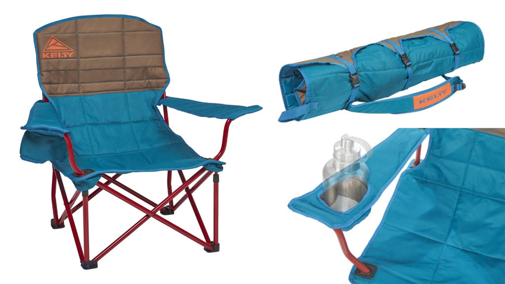 Three views of the Kelty Lowdown camp chair, including close up of cup holder and carrying bag